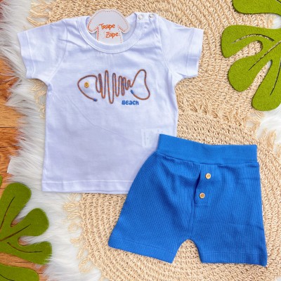 Conj. Camiseta Peixe Beach e Bermuda - Branco e Azul